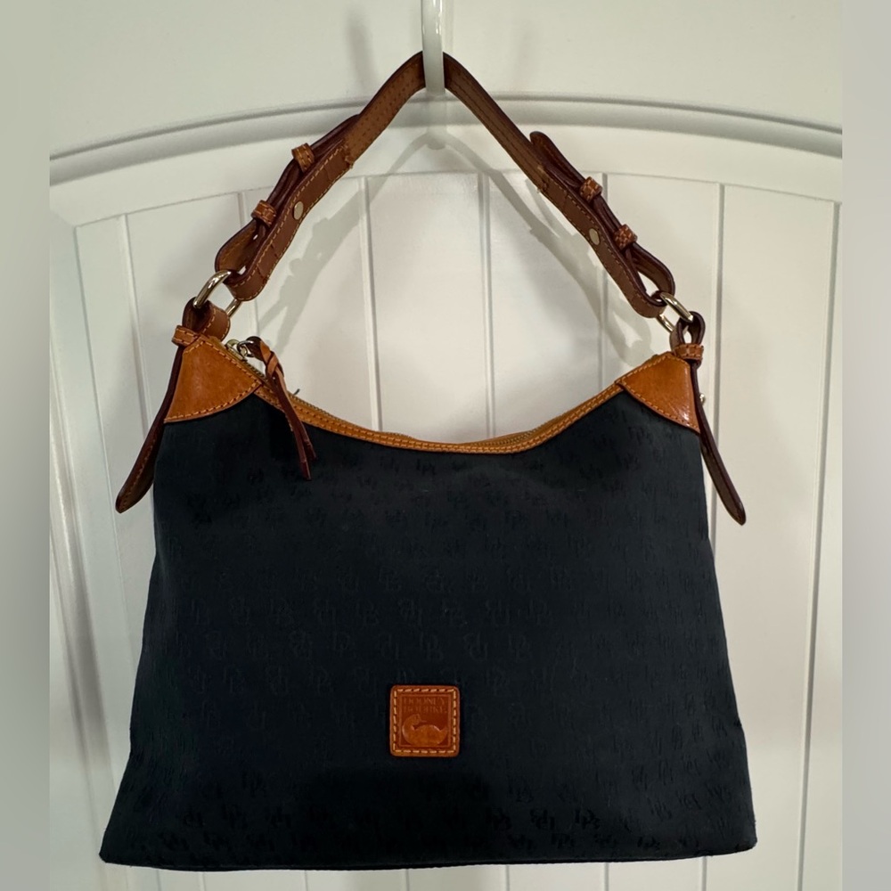 DOONEY & BOURKE BAG—Navy Blue Nylon w/ Brown Leather Trim/Strap & Red Lining